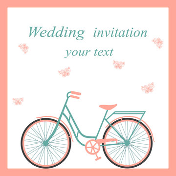Wedding card with bicycle and butterflies. 