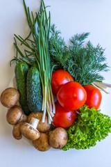 Top view of tomatoes dill mushrooms and tomatoes