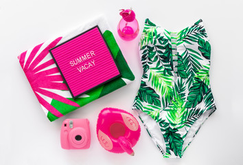 Summer Beach Flat Lay with Palm Print One Piece Swim Suit, Vacation Letter Board Quote, Cute Pink and Green Tropical Accessories