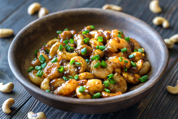 Portion of cashew shrimp stir-fry