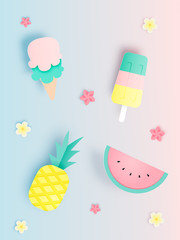 Summer ice cream with fruit in paper art style with minimal pastel color scheme