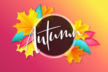 Vector banner with hand lettering label - autumn - and realistic bright leaves