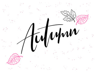 vector hand lettering text about autumn with doodle leaves and dots
