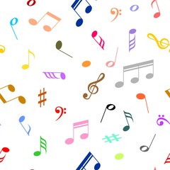 White musical background with colorful music notes, clef and sign on a white background.