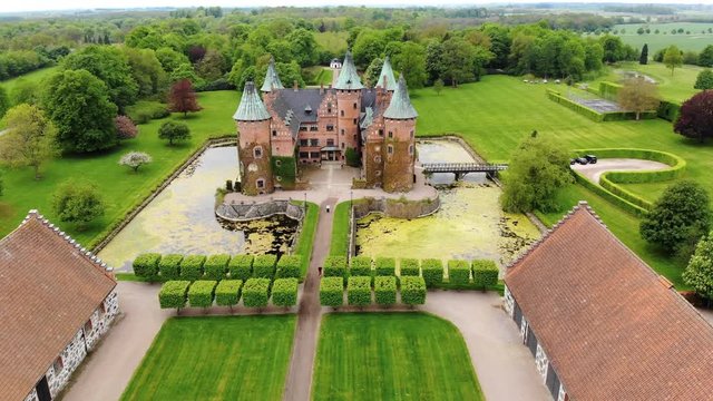 Aerial view of Trolleholm Castle in spring, historic mansion - Scania, Sweden from above, Scandinavia, Europe