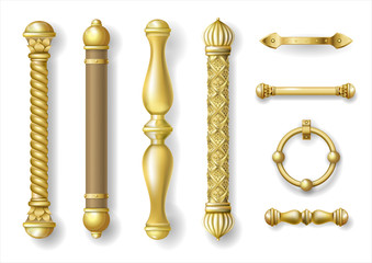 Fototapeta premium Set of classic gold door handles. Baroque style. Luxurious doors. Vector graphics. Transparent shadows. Jewelry work