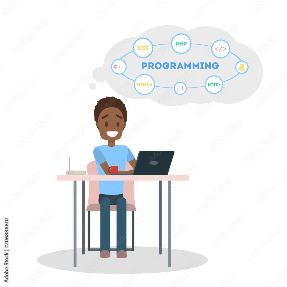 Poster programmer with laptop.