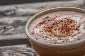 Cup Hot chocolate on an old wood plank