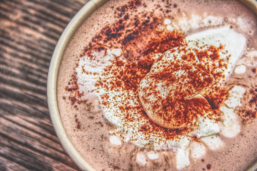 Cup Hot chocolate on an old wood plank