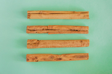 Cinnamon sticks on green background