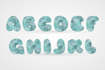 A B C D E F G H I L K L polygonal geometric letters. Decorative blue geometric alphabet isolated icons. Abstract triangle abc vector symbols for decoration, font, design, illustration, cartoon