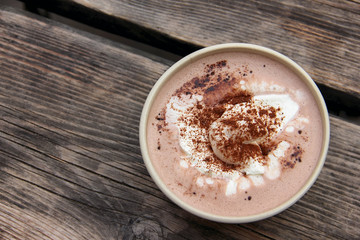Cup Hot chocolate on an old wood plank