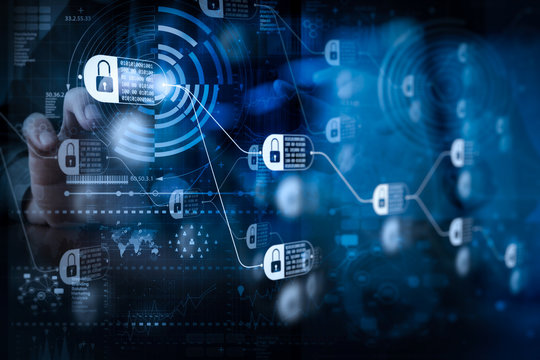 businessman hand working with modern technology and digital layer effect as business strategy concept