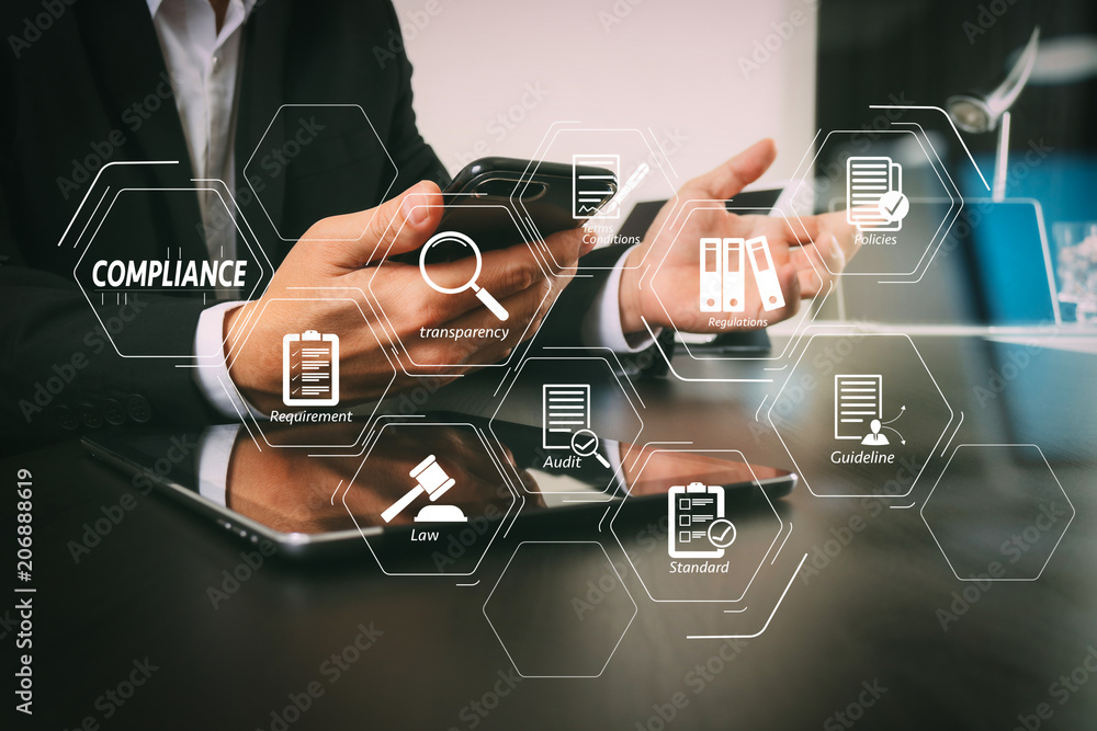 Poster businessman working with smart phone and digital tablet and laptop computer in modern office with gl