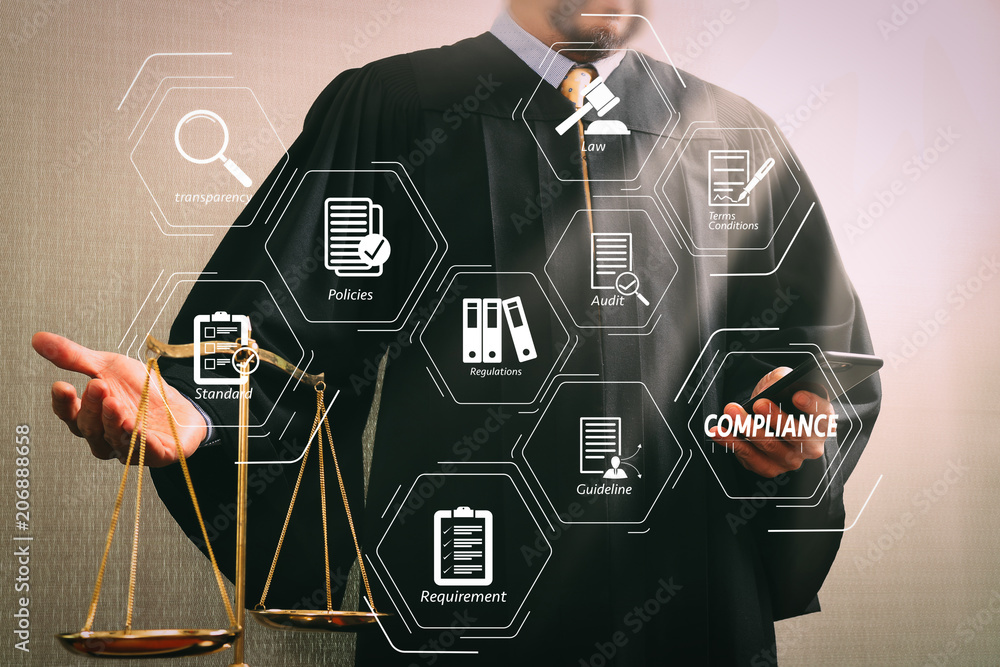 Poster justice and law concept.male judge in a courtroom with the balance scale and using smart phone