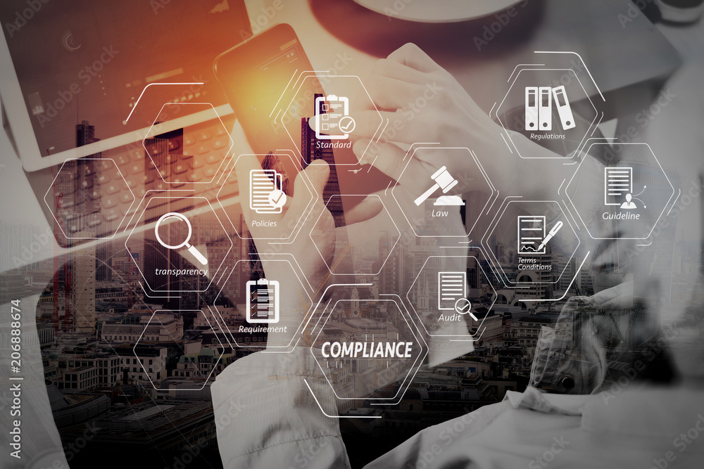 Poster Double exposure of hand using smart phone and digital tablet computer for online banking payment communication in modern office with London city