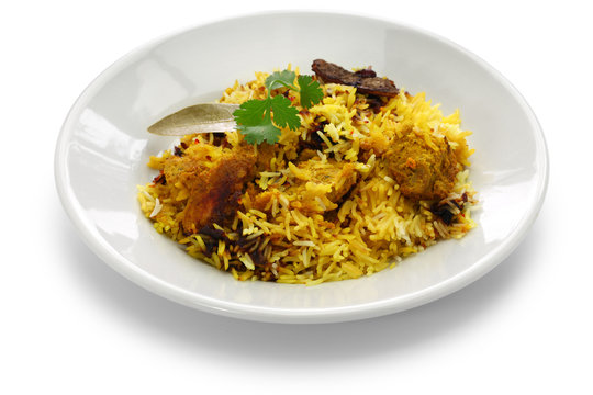 hyderabadi chicken biryani, indian cuisine isolated on white background