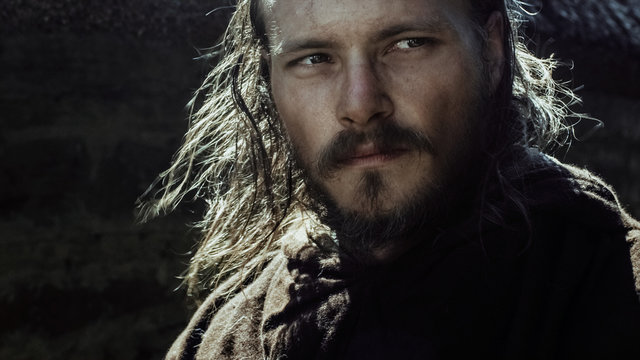 Portrait of Medieval Male Warrior. Medieval Reenactment.