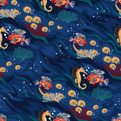 Seamless pattern with animals of the ocean - bright corals and tropical fish