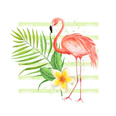 watercolor drawing of pink flamingos with tropical plants and decorative stripes