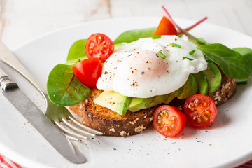 Healthy breakfast with avocado and poached egg toast