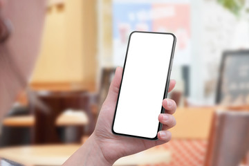 Woman holding modern smart phone with round thind edges in hand. Blank white screen for app presentation.