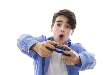 video games, portrait of young with video game joystick © carballo