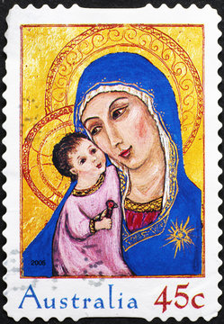 Madonna with Jesus child on australian postage stamp