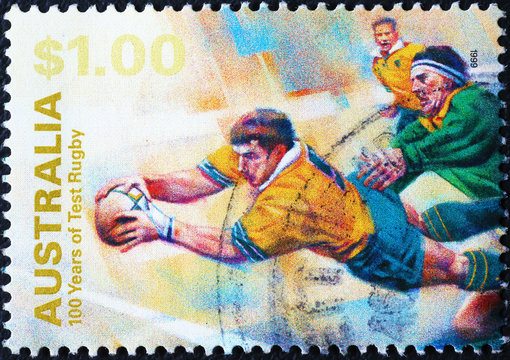 Rugby players on australian postage stamp