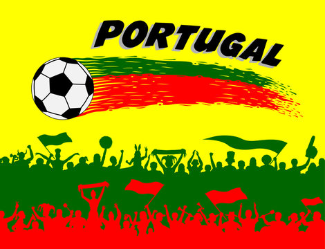 Portugal flag colors with soccer ball and Portuguese supporters silhouettes