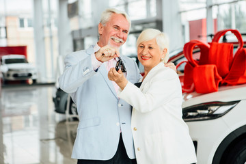 Aged couple buy car in the car dealership saloon.