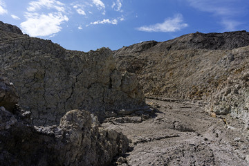 landscape - dry desert canyon with a sandy-clay bottom and weathered slopes