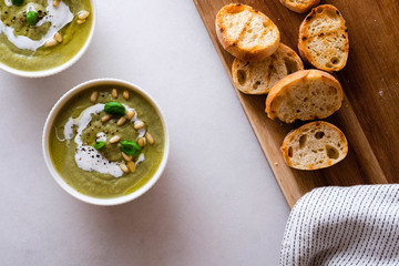 Fototapeta na wymiar Broccoli cream soup, vegan, vegetarian eating, healthy food.