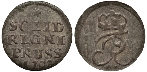 Germany German Prussia Prussian silver coin 1 one solid 1703, large letters of denomination in...