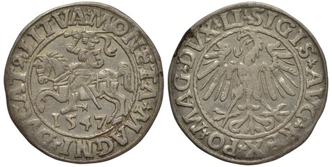 Poland Polish silver coin 1/2 half grosz 1547, knight with shield and sword on galloping horse, date below, eagle in circle of beads, ruler Sigismund Old,  