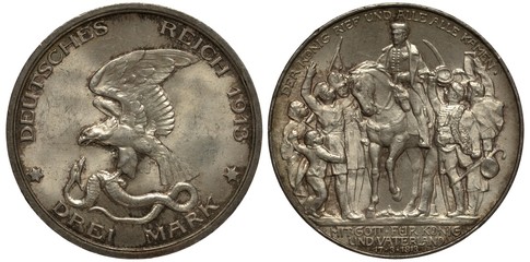 Germany German Prussia Prussian silver coin 3 mark 1913, 100th Anniversary of proclaiming war against France and Napoleon, king Friedrich Wilhelm III on horse, crowd of civil and military men around, 