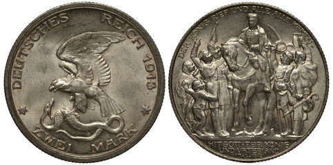 Germany German Prussia Prussian silver coin 2 two mark 1913, 100th Anniversary of proclaiming war against France and Napoleon, king Friedrich Wilhelm III on horse, crowd of civil and military men 