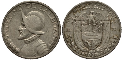 Panama silver coin 1/10 balboa 1930, bust of Balboa in cuirass and helmet, arms, shield, flags, eagle, flanked by purity and weight,