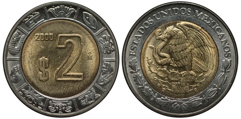 Mexico Mexican bimetallic coin 2 two peso 2000, denomination, date and mintmark in inner circle,...