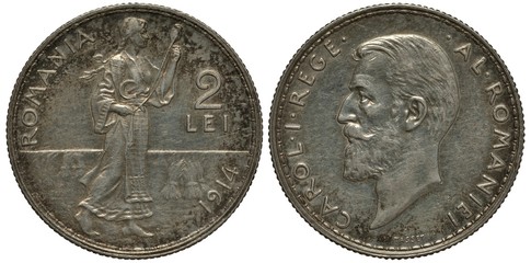 Romania Romanian silver coin 2 two lei 1914, woman in ethnic dress spinning, sheaves below, ruler...