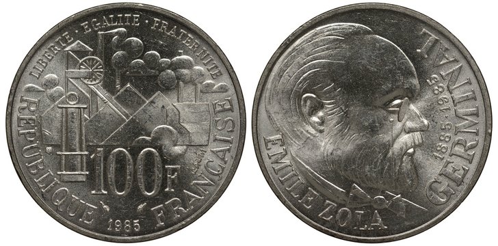 France French silver coin 200 one hundred francs 1985, centennial of Emil Zola novel Germinal, smoking chimneys, mine, cage, mining light, slagheaps,  