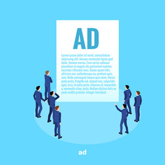 people in business suits stand near a large advertisement, an isometric image