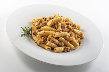 Plate of macaroni pasta with Bolognese ragù