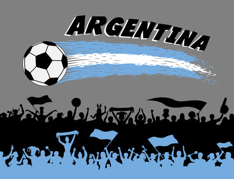 Argentina flag colors with soccer ball and Argentinian supporters silhouettes