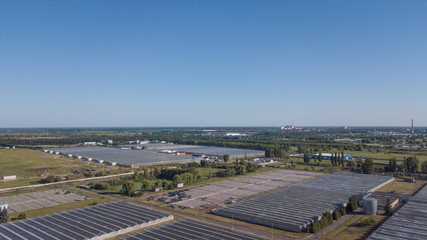 Aerial agricultural view of lettuce production field and greenhouse