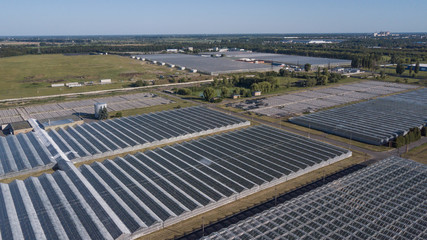 Aerial agricultural view of lettuce production field and greenhouse
