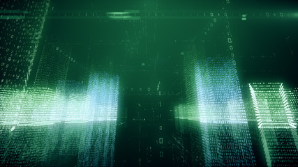 3d illustration abstract flight in a virtual digital city in a binary code space