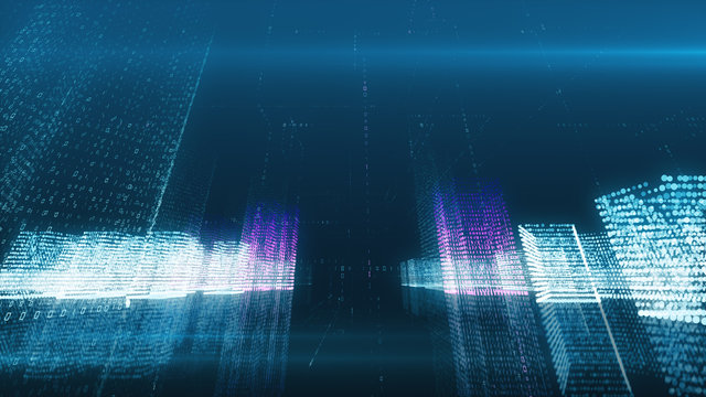 3d illustration abstract flight in a virtual digital city in a binary code space