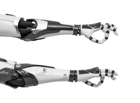 3d rendering of two robot arms with hand fingers in Ok gesture from back and front side of the palm.