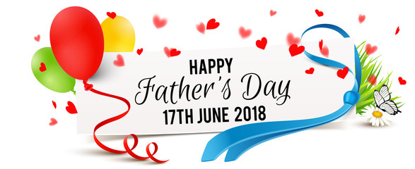  paper banner with necktie, balloons and heart - shaped confetti - Father's Day, 17th June 2018